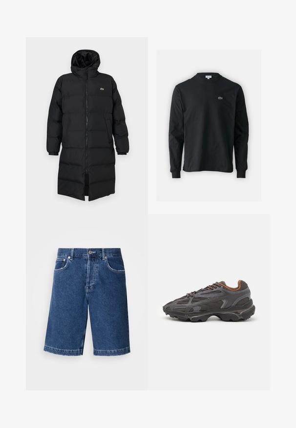 Abrigo acolchado negro con capucha, que presenta un cierre completo, mangas largas y un diseño hasta la rodilla. Textura suave y acolchada con detalle de logo.; Camiseta de manga larga negra de algodón, con escote redondo y un pequeño logo de cocodrilo bordado en verde en el lado izquierdo del pecho.; Shorts de mezclilla en azul oscuro, con corte recto, dos bolsillos frontales y un cierre de botón clásico. Dobladillo cosido con leve desgasto.; Zapatillas Lacoste en gris oscuro con material de malla y sintético, que cuentan con una suela texturizada y detalles en marrón en el cuello y la marca.
