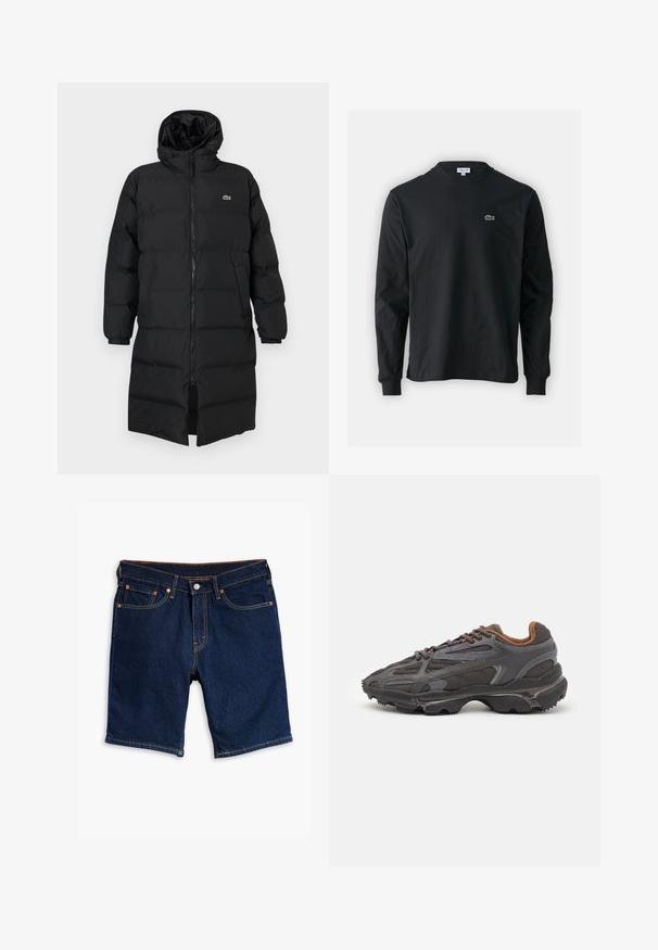 Crni zimski kaput s kapuljačom, s punim zatvaračem, dugim rukavima i dužinom do koljena. Mekana, kviltana tekstura s logom.; Crna majica dugih rukava od pamuka, s okruglim izrezom i malim zelenim izvezenim logotipom krokodila s lijeve strane prsnog dijela.; Levi's® 445 ATHLETIC - Kratke hlače od trapera - icarus sun; Lacoste tenisice u tamno sivoj boji s mrežastim i sintetičkim materijalom, s teksturiranom potplatom i smešnim akcentima na ovratniku i brandiranju.
