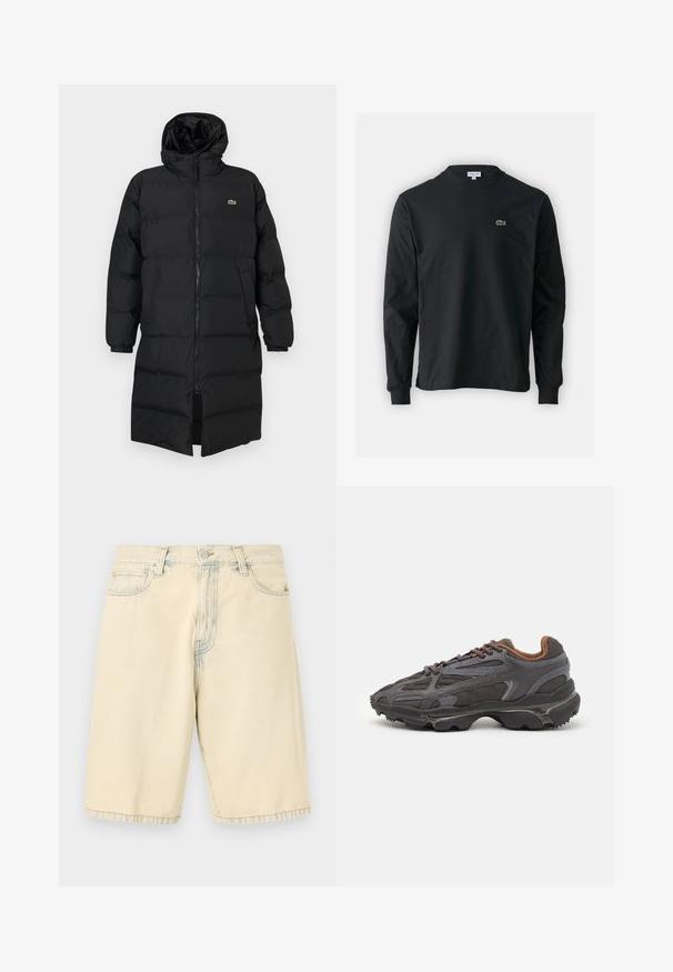 Black puffer coat with a hood, featuring a full zipper, long sleeves, and a knee-length design. Soft, quilted texture with logo detail.; Black long-sleeve t-shirt made of cotton, featuring a round neckline and a small green embroidered crocodile logo on the left chest.; Beige denim shorts with a straight cut, five pockets, and belt loops. Features a slightly faded look with stitching accents.; Lacoste sneakers in dark gray with mesh and synthetic material, featuring a textured sole and brown accents on the collar and branding.