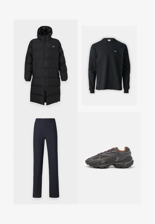 Svart dunjakke med hette, med hel glidelås, lange ermer og knelengde. Myk, quiltet tekstur med logodetalj.; Svart langermet T-skjorte laget av bomull, med rund hals og en liten grønn brodert krokodillelogo på venstre bryst.; Marineblå bukser laget av glatt stoff, med frontlukking med knapp, tradisjonell midjebånd og rett ben-design.; Lacoste-sneakers i mørkegrått med mesh- og syntetisk materiale, med en teksturert såle og brune detaljer på kragen og merket.