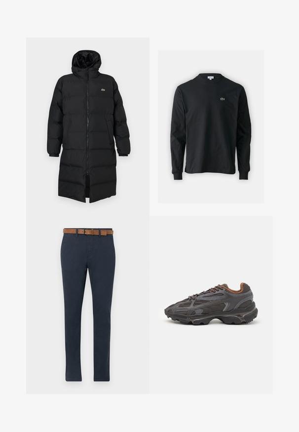 Manteau en duvet noir avec capuche, doté d'une fermeture éclair intégrale, de manches longues et d'un design long jusqu'aux genoux. Texture douce matelassée avec un détail de logo.; T-shirt noir à manches longues en coton, avec un col rond et un petit logo de crocodile brodé vert sur la poitrine gauche.; Chinos bleu foncé en coton avec une texture lisse. Présentent une ceinture en suède marron avec une boucle et un design à jambe droite.; Baskets Lacoste en gris foncé, en matériau mesh et synthétique, avec une semelle texturée et des accents marron sur le col et le branding.