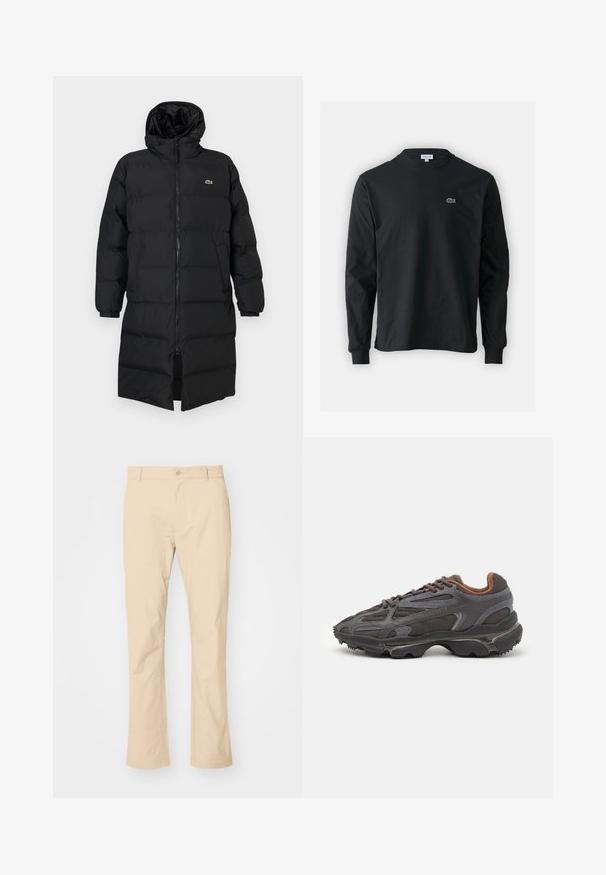 Manteau en duvet noir avec capuche, doté d'une fermeture éclair intégrale, de manches longues et d'un design long jusqu'aux genoux. Texture douce matelassée avec un détail de logo.; T-shirt noir à manches longues en coton, avec un col rond et un petit logo de crocodile brodé vert sur la poitrine gauche.; Pantalons en coton beige avec une coupe droite, fermeture à bouton et passants de ceinture. Texture lisse et sans motifs ni accents visibles.; Baskets Lacoste en gris foncé, en matériau mesh et synthétique, avec une semelle texturée et des accents marron sur le col et le branding.