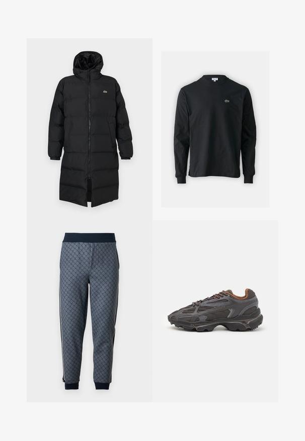 Schwarze Daunenjacke mit Kapuze, ausgestattet mit einem vollen Reißverschluss, langen Ärmeln und einem knielangen Schnitt. Weiche, gesteppten Textur mit Logodetail.; Schwarzes Langarm-T-Shirt aus Baumwolle, mit Rundhalsausschnitt und einem kleinen grünen, gestickten Krokodil-Logo auf der linken Brust.; Grau gemusterte Jogginghose mit einem eng anliegenden Bund, ausgestattet mit einem geometrischen Design und seitlichen Streifen, aus weichem Stoff mit gerippten Bündchen.; Lacoste Sneaker in Dunkelgrau aus Mesh und Synthetikmaterial, mit einer strukturierten Sohle und braunen Akzenten am Kragen und Logo.