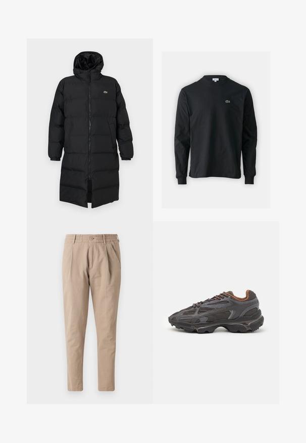 Mustahomeinen musta untuvatakki hupulla, jossa on täysipitkä vetoketju, pitkät hihat ja polvenpituinen malli. Pehmeä, tikkikuvioitu pinta logotiedolla.; Musta pitkähiha t-paita, joka on valmistettu puuvillasta. Paita on varustettu pyöreällä kaula-aukolla ja vasemmassa rinnassa on pieni vihreä brodeerattu krokotiililogo.; Beige puuvillahousut rentoa muotoilua, joustava vyötärö, nappisuljenta ja sivutaskut. Tasainen pinta, kapeneva lahjemuotoilu.; Lacoste-tennar i mörkgrått med nät- och syntetmaterial, med en texturerad sula och bruna accenter på kragen och märket.