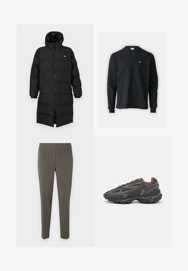 Zwarte pufferjas met een kap, voorzien van een volledige ritssluiting, lange mouwen en een lengte tot de knie. Zachte, gewatteerde textuur met logo-detail.; Zwarte longsleeve t-shirt van katoen, met een ronde halslijn en een klein groen geborduurd krokodillenlogo op de linkerborst.; Olijfgroene broek, gemaakt van zachte stof, met een elastische tailleband, tapse pijpen en geen zichtbare zakken of hardware.; Lacoste sneakers in donkergrijs van mesh en synthetisch materiaal, met een gestructureerde zool en bruine accenten op de kraag en branding.