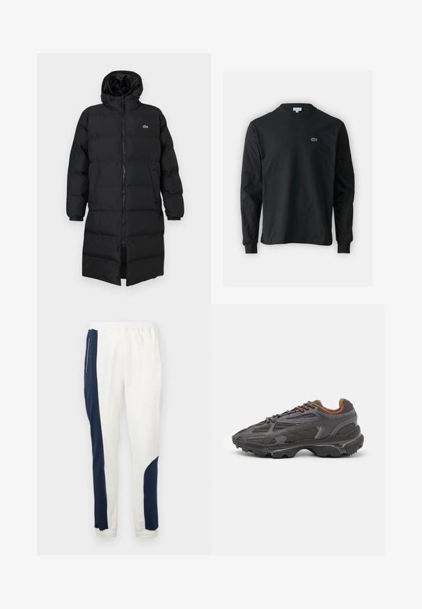 Čierna prešívaná bunda s kapucňou, vybavená plným zipsom, dlhými rukávmi a dĺžkou po kolená. Mäkká, prešívaná textúra s detailom loga.; Čierne tričko s dlhým rukávom vyrobené z bavlny, s okrúhlym výstrihom a malým zeleným vyšívaným logom krokodíla na ľavej hrudi.; Biele teplákové nohavice so námornícky modrými bočnými panelmi a elastickými manžetami, vyrobené z mäkkého materiálu s hladkou textúrou a sťahovacím pásom.; Lacoste tenisky v tmavo sivej farbe z nylonu a syntetického materiálu, s textúrovanou podrážkou a hnedými akcentami na golieri a brandingu.