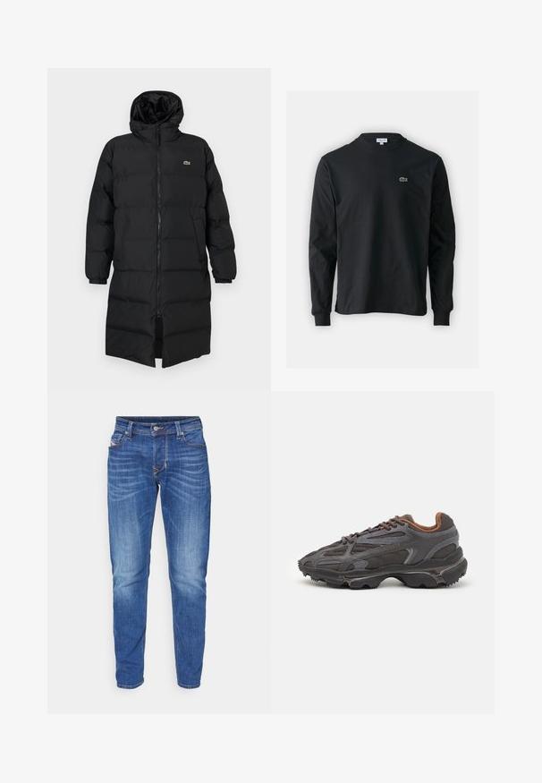 Geacă puffer neagră cu glugă, dotată cu fermoar complet, mâneci lungi și un design până la genunchi. Textură moale, matlasată, cu detalii ale logo-ului.; Tricou negru cu mânecă lungă, realizat din bumbac, cu un guler rotund și un mic logo brodat cu un crocodil verde pe partea stângă a pieptului.; Blue jeans din denim cu o croială dreaptă, prezentând o spălare palidă, cinci buzunare și cusături contrastante de-a lungul cusăturilor.; Adidași Lacoste de culoare gri închis, din material mesh și sintetic, cu o talpă texturată și accente maronii pe guler și branding.