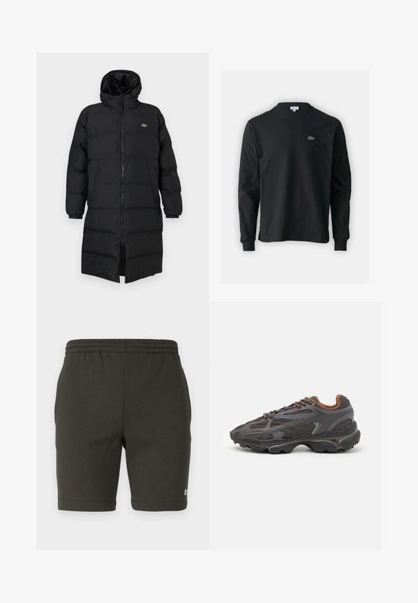 Casaco puffer preto com capuz, apresentando um fecho de correr completo, mangas longas e um design até ao joelho. Textura suave e acolchoada com detalhe do logotipo.; Camisola preta de manga longa feita de algodão, com decote redondo e um pequeno logótipo de crocodilo bordado em verde no lado esquerdo do peito.; Calções de cor verde escuro, com cintura elástica, feitos de um tecido suave. Apresenta um corte reto, pernas acabadas e um pequeno logo no lado inferior direito.; Ténis Lacoste em cinza-escuro com material em malha e sintético, apresentando uma sola texturizada e detalhes castanhos na gola e na marca.