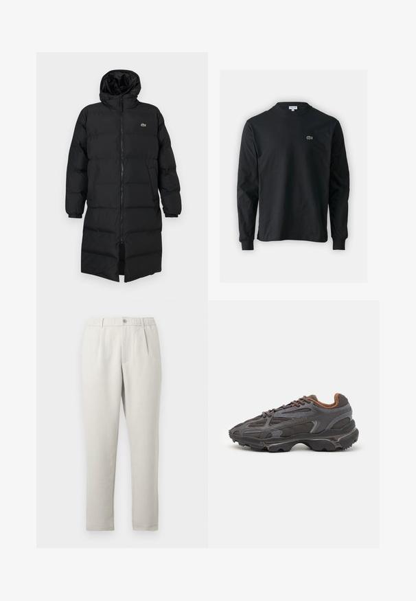 Piumino nero con cappuccio, caratterizzato da una zip completa, maniche lunghe e un design fino al ginocchio. Texture morbida e trapuntata con dettaglio del logo.; T-shirt a maniche lunghe nera in cotone, con scollatura rotonda e un piccolo logo di coccodrillo ricamato in verde sul lato sinistro del petto.; Pantaloni beige chiaro dalla vestibilità comoda con una leggera lucentezza, dotati di una cintura elastica, tasche frontali e design con gamba affusolata.; Sneaker Lacoste grigie scure in materiale mesh e sintetico, con suola testurizzata e dettagli marroni sul colletto e sul branding.