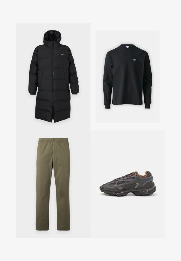 Μαύρο φουσκωτό παλτό με κουκούλα, διαθέτοντας πλήρες φερμουάρ, μακριά μανίκια και σχέδιο μέχρι το γόνατο. Μαλακή, υφασμάτινη υφή με λεπτομέρεια λογότυπου.; Μαύρο μπλουζάκι με μακριά μανίκια από βαμβάκι, με στρογγυλή λαιμόκοψη και μικρό πράσινο κεντητό λογότυπο κροκοδείλου στην αριστερή πλευρά του στήθους.; Lacoste Παντελόνι - olive; Αθλητικά παπούτσια Lacoste σε σκούρο γκρι χρώμα, κατασκευασμένα από διχτυωτό και συνθετικό υλικό, με ελαστική σόλα και καφέ λεπτομέρειες στον γιακά και στο branding.