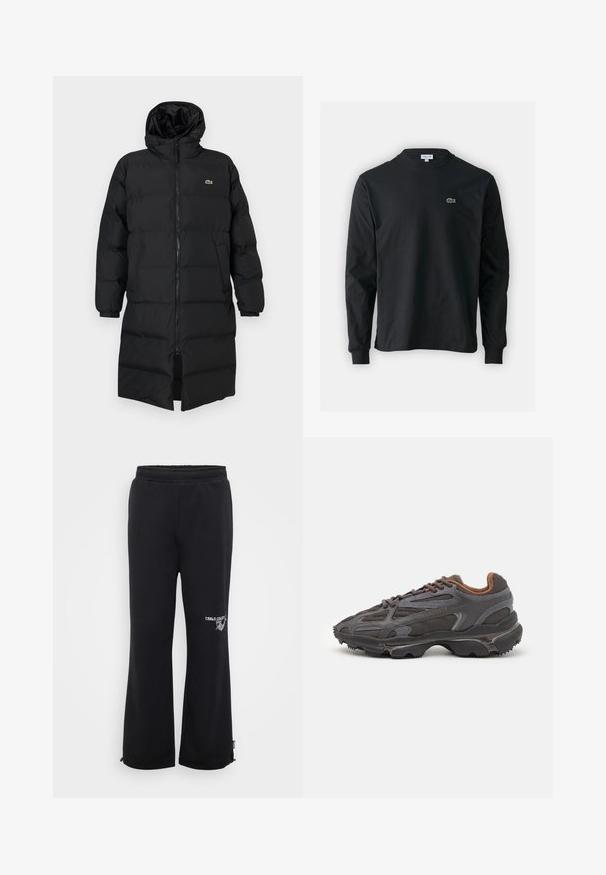 Črni napihnjen plašč s kapuco, ki ima poln zadrgo, dolge rokave in dolžino do kolen. Mehka, quilted tekstura z logotipom.; Črna dolgi rokavi majica iz bombaža, z okroglim ovratnikom in majhnim zelenim vezenim logotipom krokodila na levem prsnem delu.; Črne trenirke z udobnim krojem, izdelane iz mehkega materiala. Imajo elastičen pas in stranske žepke, na enem hlačniku pa je tudi logo.; Lacoste teniske v temno sivi barvi z mrežasto in sintetično prevleko, s teksturiranim podplatom in rjavimi detajli na ovratniku ter blagovni znamki.