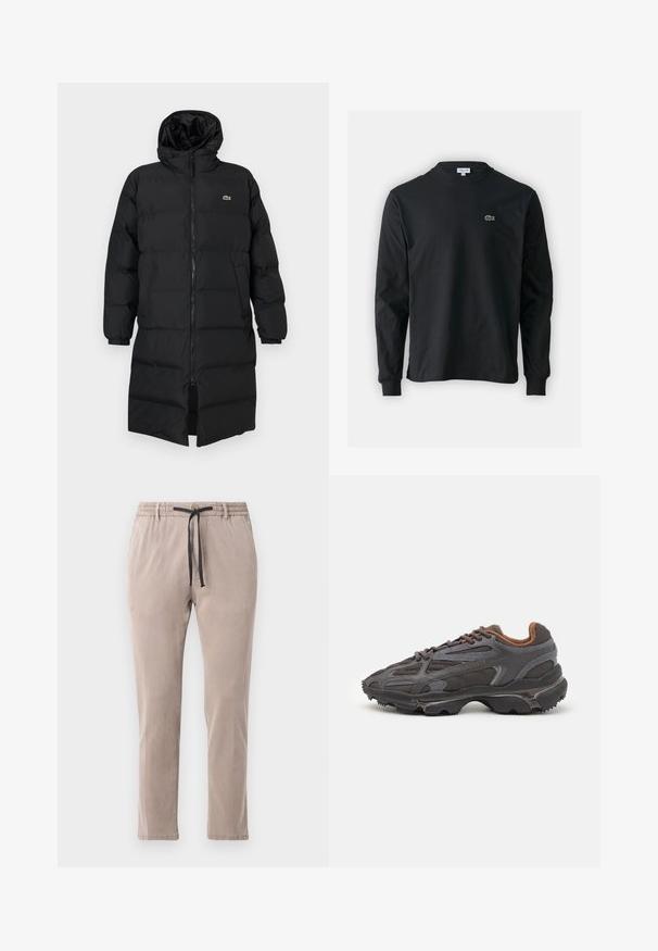 Black puffer coat with a hood, featuring a full zipper, long sleeves, and a knee-length design. Soft, quilted texture with logo detail.; Black long-sleeve t-shirt made of cotton, featuring a round neckline and a small green embroidered crocodile logo on the left chest.; Beige trousers with an elastic waistband and black drawstring. Straight-leg design with a soft texture and minimal stitching details.; Lacoste sneakers in dark gray with mesh and synthetic material, featuring a textured sole and brown accents on the collar and branding.