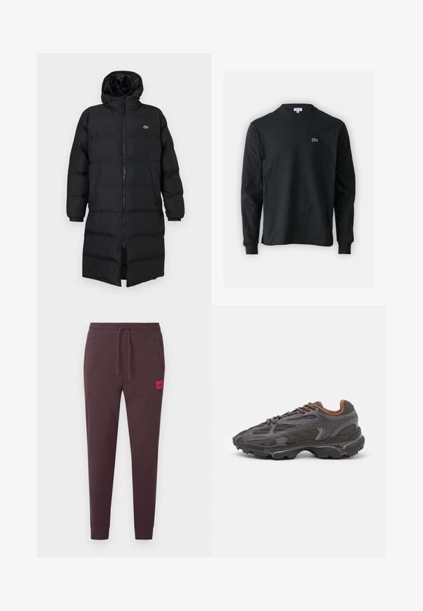 Black puffer coat with a hood, featuring a full zipper, long sleeves, and a knee-length design. Soft, quilted texture with logo detail.; Black long-sleeve t-shirt made of cotton, featuring a round neckline and a small green embroidered crocodile logo on the left chest.; Dark brown sweatpants with a drawstring waist, tapered legs, side pockets, and a small red logo patch on the front. Soft, smooth fabric.; Lacoste sneakers in dark gray with mesh and synthetic material, featuring a textured sole and brown accents on the collar and branding.