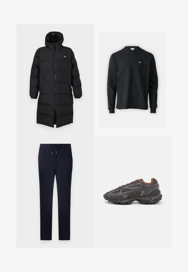 Casaco puffer preto com capuz, apresentando um fecho de correr completo, mangas longas e um design até ao joelho. Textura suave e acolchoada com detalhe do logotipo.; Camisola preta de manga longa feita de algodão, com decote redondo e um pequeno logótipo de crocodilo bordado em verde no lado esquerdo do peito.; Calças azul-marinho com um cós elástico, design ajustado e tecido de textura suave. Sem padrões ou detalhes visíveis.; Ténis Lacoste em cinza-escuro com material em malha e sintético, apresentando uma sola texturizada e detalhes castanhos na gola e na marca.