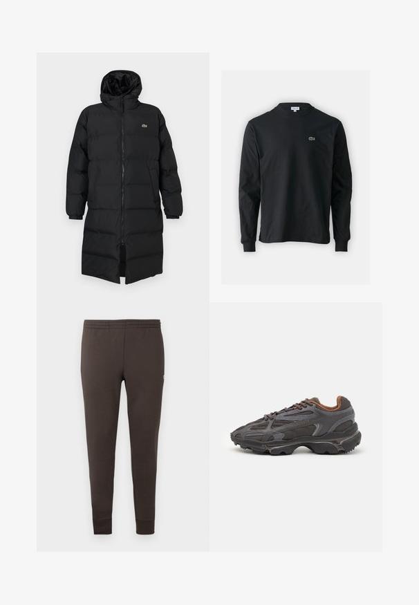 Schwarze Daunenjacke mit Kapuze, ausgestattet mit einem vollen Reißverschluss, langen Ärmeln und einem knielangen Schnitt. Weiche, gesteppten Textur mit Logodetail.; Schwarzes Langarm-T-Shirt aus Baumwolle, mit Rundhalsausschnitt und einem kleinen grünen, gestickten Krokodil-Logo auf der linken Brust.; Dunkelbraune Jogginghosen aus weichem Stoff. Mit einem elastischen Taillenbund und schmal zulaufenden Bündchen. Minimalistisches Design ohne Muster.; Lacoste Sneaker in Dunkelgrau aus Mesh und Synthetikmaterial, mit einer strukturierten Sohle und braunen Akzenten am Kragen und Logo.