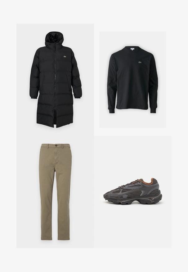 Čierna prešívaná bunda s kapucňou, vybavená plným zipsom, dlhými rukávmi a dĺžkou po kolená. Mäkká, prešívaná textúra s detailom loga.; Čierne tričko s dlhým rukávom vyrobené z bavlny, s okrúhlym výstrihom a malým zeleným vyšívaným logom krokodíla na ľavej hrudi.; Olivovozelené bavlnené chinos nohavice so strihom rovného nohavca, predným zapínaním na gombík a bočnými vreckami. Hladká textúra a minimálne detaily.; Lacoste tenisky v tmavo sivej farbe z nylonu a syntetického materiálu, s textúrovanou podrážkou a hnedými akcentami na golieri a brandingu.