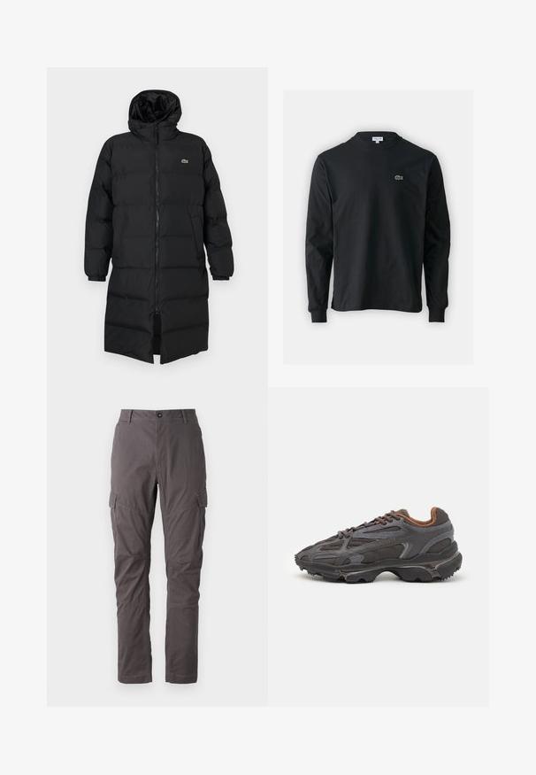 Juodas pūkinis paltas su kapišonu, su pilnu užtrauktuku, ilgomis rankovėmis ir iki kelių ilgio. Minkšta, siuvinėta tekstūra su logotipo detale.; Juodas ilgomis rankovėmis marškinėliai iš medvilnės, turintys apvalią iškirptę ir mažą žalią išsiuvinėtą krokodilo logotipą kairėje krūtinės pusėje.; Pilki krovinių kelnės su tiesiu kirpimu, turinčios kelis šoninius kišenes ir sustiprintus siūlus palei kojas. Pagaminta iš patvarios medžiagos.; Lacoste sportbačiai tamsiai pilki, pagaminti iš tinklinės ir sintetinių medžiagų, su tekstūruotu padu ir rudomis detalėmis ant apykaklės bei prekės ženklo.
