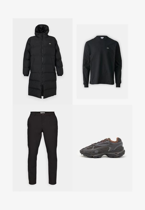 Sort pufferjakke med hætte, der har fuld lynlås, lange ærmer og knælængde. Blød, quiltet tekstur med logo-detalje.; Sort langærmet t-shirt lavet af bomuld, med rund halsudskæring og et lille grønt broderet krokodillelogo på venstre bryst.; Sorte skræddersyede bukser med slim fit. Har lynlås, knaplukning, sidelommer og et glat, let stof.; Lacoste sneakers i mørkegrå med mesh og syntetisk materiale, udstyret med en tekstureret sål og brune accenter på kraven og brandingen.