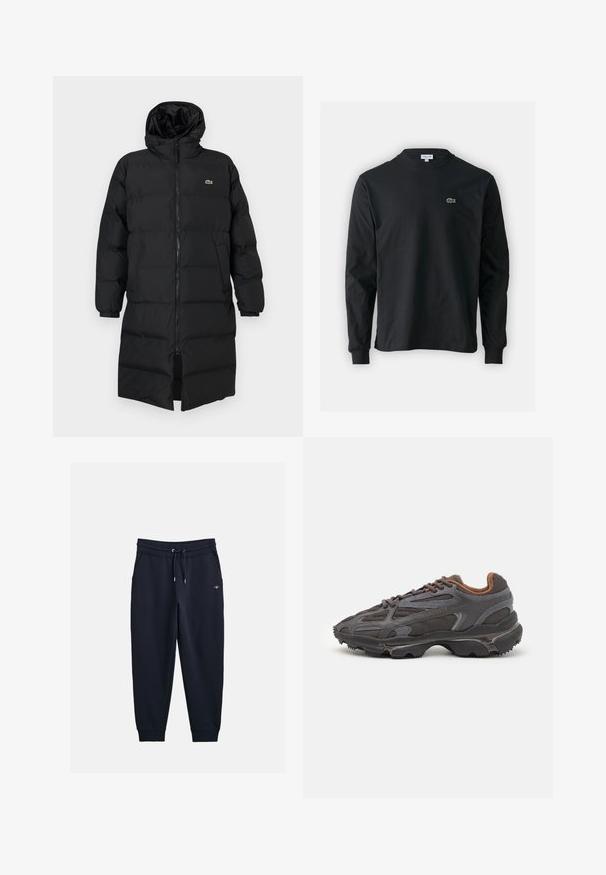 Black puffer coat with a hood, featuring a full zipper, long sleeves, and a knee-length design. Soft, quilted texture with logo detail.; Black long-sleeve t-shirt made of cotton, featuring a round neckline and a small green embroidered crocodile logo on the left chest.; Navy sweatpants made of soft fabric, featuring an elastic waistband with drawstring, side pockets, and ribbed cuffs.; Lacoste sneakers in dark gray with mesh and synthetic material, featuring a textured sole and brown accents on the collar and branding.