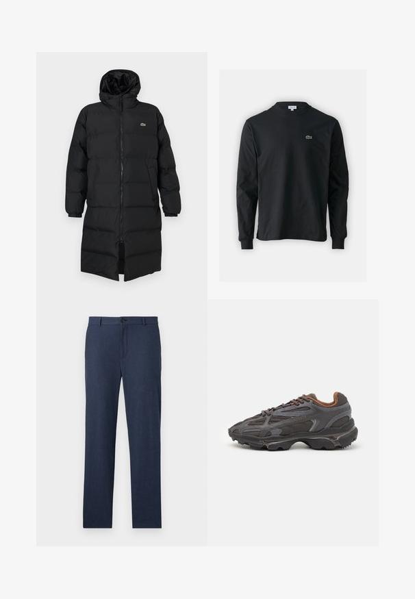 Čierna prešívaná bunda s kapucňou, vybavená plným zipsom, dlhými rukávmi a dĺžkou po kolená. Mäkká, prešívaná textúra s detailom loga.; Čierne tričko s dlhým rukávom vyrobené z bavlny, s okrúhlym výstrihom a malým zeleným vyšívaným logom krokodíla na ľavej hrudi.; Námornícky modré nohavice z textúrovanej látky s rovnými nohavicami, vybavené predným zapínaním na gombík a bez viditeľných vreciek.; Lacoste tenisky v tmavo sivej farbe z nylonu a syntetického materiálu, s textúrovanou podrážkou a hnedými akcentami na golieri a brandingu.