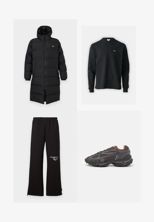 Czarna kurtka puchowa z kapturem, z pełnym zamkiem, długimi rękawami i długością sięgającą kolan. Miękka, pikowana tekstura z detalem logo.; Czarna koszulka z długim rękawem, wykonana z bawełny, z okrągłym dekoltem i małym haftowanym logo krokodyla w kolorze zielonym po lewej stronie klatki piersiowej.; Czarne dresy z elastycznym paskiem w talii, z haftowanym logo i graficznym detalem na lewej nogawce. Proste nogawki z zamkami błyskawicznymi na mankietach.; Sneakers Lacoste w ciemnoszarym kolorze, wykonane z siateczki i materiału syntetycznego, z teksturowaną podeszwą oraz brązowymi akcentami na kołnierzu i logotypie.