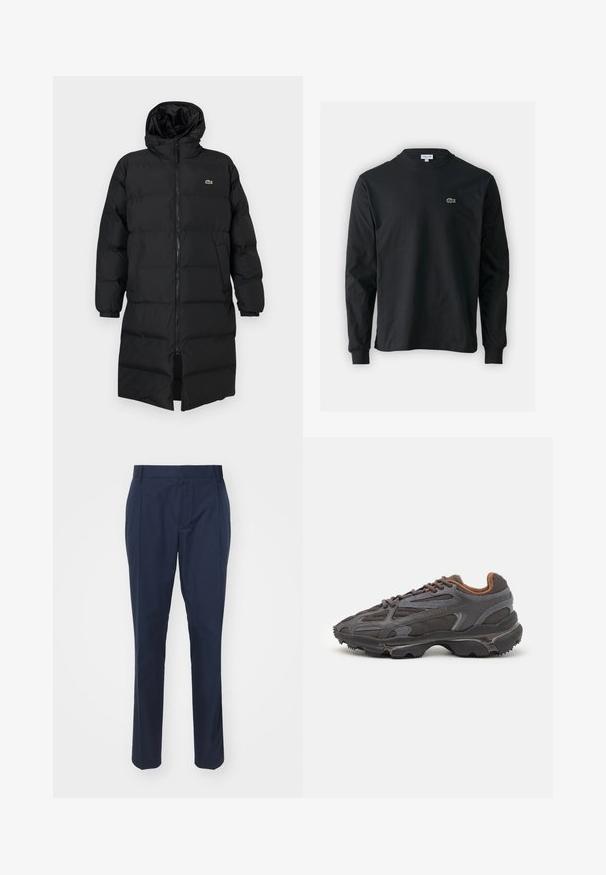 Melna pūkaina jaka ar kapuci, kas aprīkota ar pilnu rāvējslēdzēju, garām piedurknēm un ceļgala garuma dizainu. Mīksta, quiltēta tekstūra ar logotipa detaļu.; Melna garām piedurknēm t-krekls, izgatavots no kokvilnas, ar apaļu kakla izgriezumu un mazu zaļu izšūtu krokodila logo kreisajā krūtī.; Tumši zilas bikses, izgatavotas no gludas auduma, ar piegriezumu, divām priekšējām kabatām un krokām katrā kājā, lai radītu elegantu izskatu.; Lacoste kedas tumši pelēkā krāsā ar acu audumu un sintētisko materiālu, ar teksturētu zoli un brūniem akcentiem apkaklītē un zīmola uzrakstā.