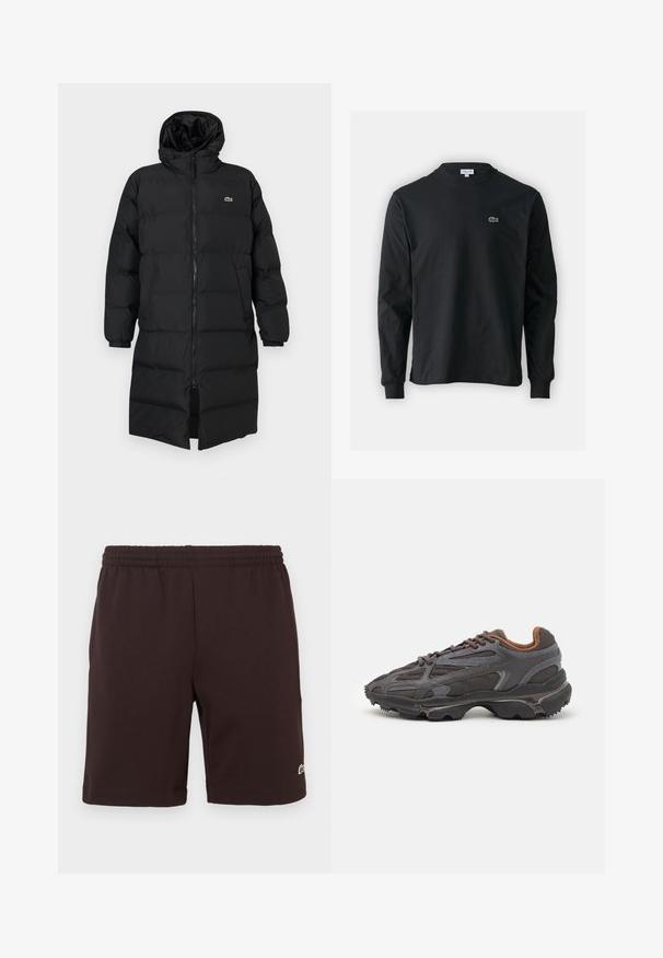 Abrigo acolchado negro con capucha, que presenta un cierre completo, mangas largas y un diseño hasta la rodilla. Textura suave y acolchada con detalle de logo.; Camiseta de manga larga negra de algodón, con escote redondo y un pequeño logo de cocodrilo bordado en verde en el lado izquierdo del pecho.; Pantalones cortos de algodón con cintura elástica de color marrón oscuro, con un pequeño logo bordado en verde y blanco cerca del dobladillo inferior en la pierna derecha.; Zapatillas Lacoste en gris oscuro con material de malla y sintético, que cuentan con una suela texturizada y detalles en marrón en el cuello y la marca.