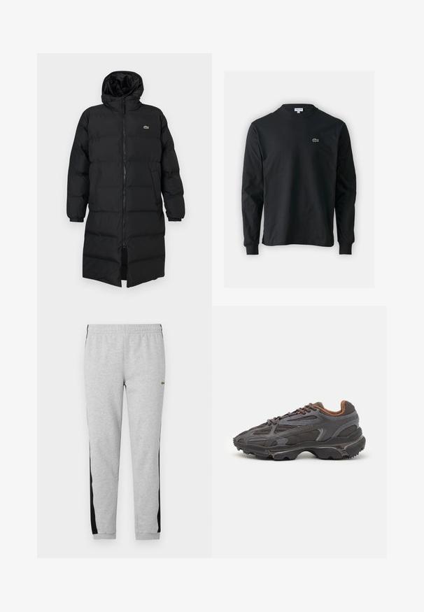 Melna pūkaina jaka ar kapuci, kas aprīkota ar pilnu rāvējslēdzēju, garām piedurknēm un ceļgala garuma dizainu. Mīksta, quiltēta tekstūra ar logotipa detaļu.; Melna garām piedurknēm t-krekls, izgatavots no kokvilnas, ar apaļu kakla izgriezumu un mazu zaļu izšūtu krokodila logo kreisajā krūtī.; Pelēki treniņbikses ar melnajām sānu svītrām, elastīgu jostu un ribotām aprocēm. Izgatavotas no mīkstas kokvilnas maisījuma auduma. Priekšpusē atrodas zīmola logo.; Lacoste kedas tumši pelēkā krāsā ar acu audumu un sintētisko materiālu, ar teksturētu zoli un brūniem akcentiem apkaklītē un zīmola uzrakstā.