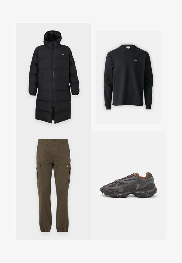 Mustahomeinen musta untuvatakki hupulla, jossa on täysipitkä vetoketju, pitkät hihat ja polvenpituinen malli. Pehmeä, tikkikuvioitu pinta logotiedolla.; Musta pitkähiha t-paita, joka on valmistettu puuvillasta. Paita on varustettu pyöreällä kaula-aukolla ja vasemmassa rinnassa on pieni vihreä brodeerattu krokotiililogo.; Olivekaksiset verkkohousut, jotka on valmistettu puuvillasta. Housuissa on kaksi sivutaskua, joustavat hihnat ja pieni keltainen logo vyötärön läheisyydessä.; Lacoste-tennar i mörkgrått med nät- och syntetmaterial, med en texturerad sula och bruna accenter på kragen och märket.