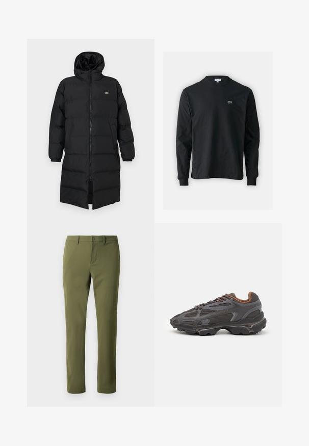Svart dunjakke med hette, med hel glidelås, lange ermer og knelengde. Myk, quiltet tekstur med logodetalj.; Svart langermet T-skjorte laget av bomull, med rund hals og en liten grønn brodert krokodillelogo på venstre bryst.; Olivenfargede bukser laget av glatt stoff med rett snitt, med knappelukking og beltehemper. Ingen synlige mønstre eller detaljer.; Lacoste-sneakers i mørkegrått med mesh- og syntetisk materiale, med en teksturert såle og brune detaljer på kragen og merket.