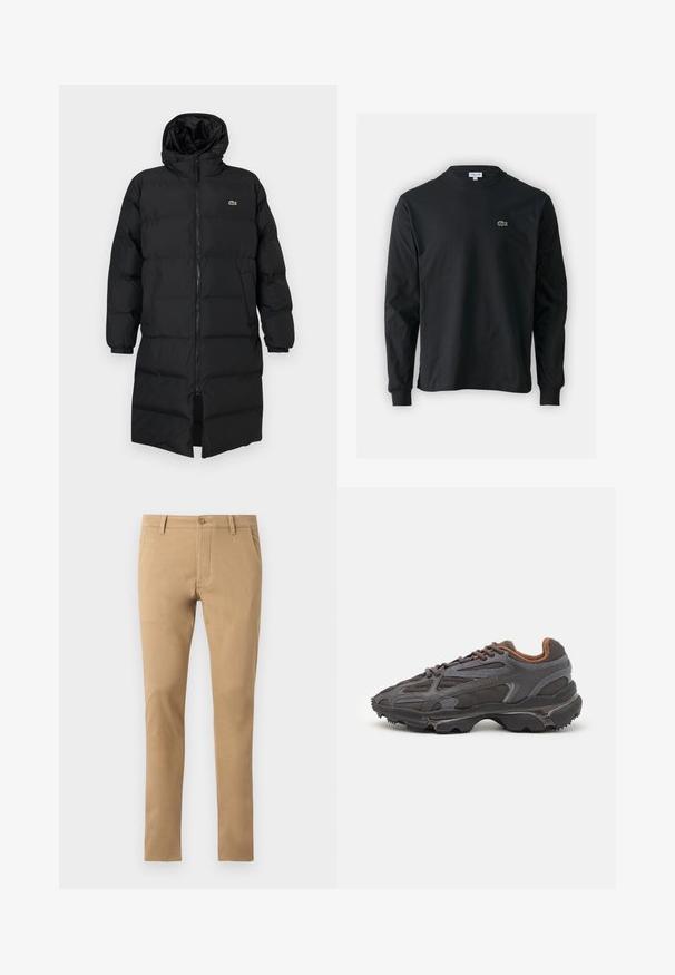 Black puffer coat with a hood, featuring a full zipper, long sleeves, and a knee-length design. Soft, quilted texture with logo detail.; Black long-sleeve t-shirt made of cotton, featuring a round neckline and a small green embroidered crocodile logo on the left chest.; Slim-fit beige chinos with button closure, front pockets, and a smooth texture. Plain design, tapered legs, and clean hem.; Lacoste sneakers in dark gray with mesh and synthetic material, featuring a textured sole and brown accents on the collar and branding.