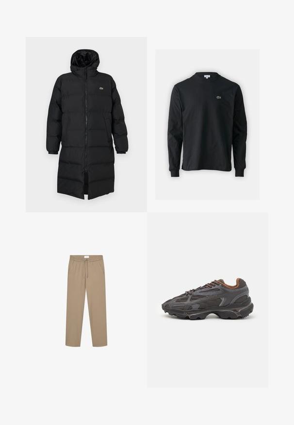 Czarna kurtka puchowa z kapturem, z pełnym zamkiem, długimi rękawami i długością sięgającą kolan. Miękka, pikowana tekstura z detalem logo.; Czarna koszulka z długim rękawem, wykonana z bawełny, z okrągłym dekoltem i małym haftowanym logo krokodyla w kolorze zielonym po lewej stronie klatki piersiowej.; Beżowe spodnie dresowe z elastycznym pasem i sznurkiem, posiadające dwie boczne kieszenie i prostą nogawkę. Gładka faktura.; Sneakers Lacoste w ciemnoszarym kolorze, wykonane z siateczki i materiału syntetycznego, z teksturowaną podeszwą oraz brązowymi akcentami na kołnierzu i logotypie.