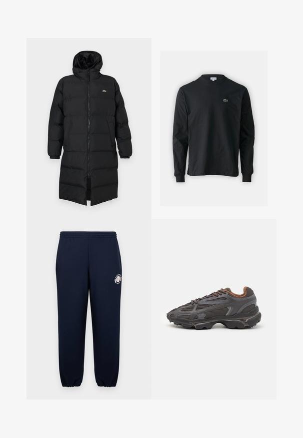 Črni napihnjen plašč s kapuco, ki ima poln zadrgo, dolge rokave in dolžino do kolen. Mehka, quilted tekstura z logotipom.; Črna dolgi rokavi majica iz bombaža, z okroglim ovratnikom in majhnim zelenim vezenim logotipom krokodila na levem prsnem delu.; Temno modri trenirke iz mehkega bombaža z elastičnimi manšeti in pasom. Na levi nogi se nahaja bel logotip Lacoste Paris.; Lacoste teniske v temno sivi barvi z mrežasto in sintetično prevleko, s teksturiranim podplatom in rjavimi detajli na ovratniku ter blagovni znamki.