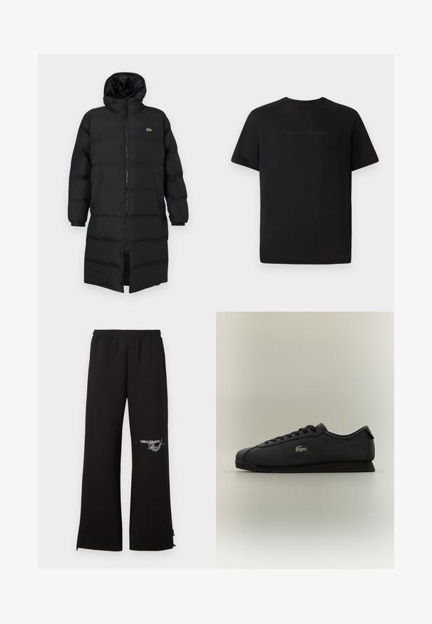 Čierna prešívaná bunda s kapucňou, vybavená plným zipsom, dlhými rukávmi a dĺžkou po kolená. Mäkká, prešívaná textúra s detailom loga.; Lacoste Základné tričko - black; Čierne tepláky s elastickým pásom, na ľavej nohe s vyšívaným logom a grafickým detailom. Rovný strih so zipsami na spodnej časti.; Čierne nízke tenisky s šnúrkami, textúrovanou podrážkou a zlatým krokodílím logom na boku.