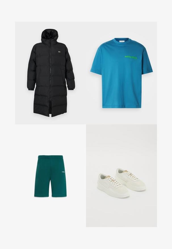 Crni zimski kaput s kapuljačom, s punim zatvaračem, dugim rukavima i dužinom do koljena. Mekana, kviltana tekstura s logom.; Tirkizna pamučna majica, okrugli izrez, kratki rukavi, s printanim zelenim "calvin klein" logotipom sprijeda. Glatka tekstura.; Tirkizne atletske kratke hlače s elastičnom paskom, koje imaju glatku teksturu i mali bijeli logo na prednjoj desnoj strani.; Par niz off-white niskih tenisica s bež detaljima, debelim potplatima i bijelim vezicama na jednostavnoj bijeloj pozadini.