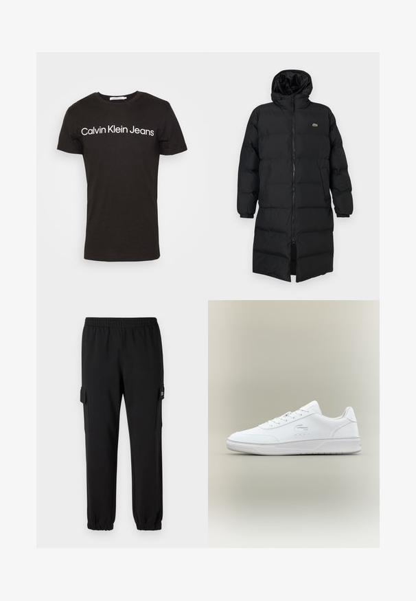 Svart puffjacka med huva, med full dragkedja, långa ärmar och knälång design. Mjuk, vadderad textur med logotypdetalj.; Svart bomullströja med rund halsringning och korta ärmar; "Calvin Klein Jeans"-logotyp i vitt över bröstet.; Svart sweatpants med elastiskt midjeband, avsmalnande muddar och sidofickor. Tillverkad av mjukt material med en slät textur.; Vita lädersneaker med rund tå, snörning och låg sula. Har perforerade detaljer och präglad logotyp.