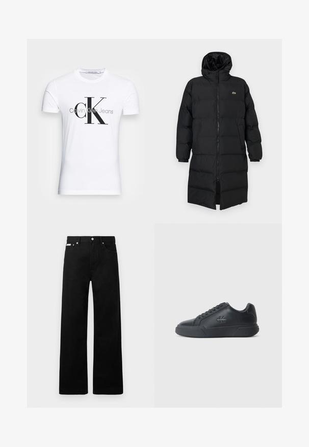 Zwarte pufferjas met een kap, voorzien van een volledige ritssluiting, lange mouwen en een lengte tot de knie. Zachte, gewatteerde textuur met logo-detail.; Witte katoenen t-shirt met een zwart "CK" logo en de tekst "Calvin Klein Jeans", korte mouwen en een klassieke ronde hals.; Zwarte spijkerbroek met een wijd uitlopende pasvorm, voorzien van vijf zakken en metallic knopen. Gladde textuur, geen zichtbare patronen.; Zwarte leren sneakers hebben een ronde neus, platte zool en vetersluiting. Opvallende details zijn onder andere een subtiel logo aan de zijkant.