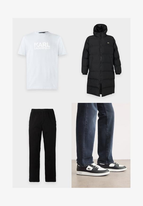 Casaco puffer preto com capuz, apresentando um fecho de correr completo, mangas longas e um design até ao joelho. Textura suave e acolchoada com detalhe do logotipo.; T-shirt de algodão azul claro com mangas curtas e gola redonda, apresentando um grande texto branco "KARL LAGERFELD" na parte da frente. Textura suave.; Calças pretas feitas de um tecido de algodão misto, com corte reto, cintura elástica com botão e sem padrões ou detalhes visíveis.; Sneakers Lacoste em preto e branco com parte superior em couro texturizado, apresentando um design com atacadores e uma sola de borracha branca. Usadas com jeans escuros.