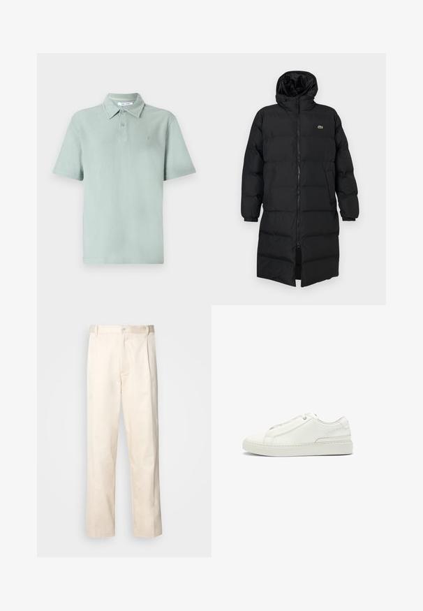 Mustahomeinen musta untuvatakki hupulla, jossa on täysipitkä vetoketju, pitkät hihat ja polvenpituinen malli. Pehmeä, tikkikuvioitu pinta logotiedolla.; Vaaleanvihreä polo-paita, jossa on teksturoitu kangas, lyhyet hihat, kaulus, kaksinutun napitus ja kirjailtu logo rinnassa.; Vaaleanbeige puuvillahousut, joissa on suora lahje, varustettu nappisulkeisella ja etupuolella olevilla laskoksilla lisäyksinä.; Valkoinen nahkakenkä, jossa on teksturoitu yläosa, pyöreä kärki, minimalistinen muotoilu ja kumipohja, jossa on ommeltu yksityiskohta.