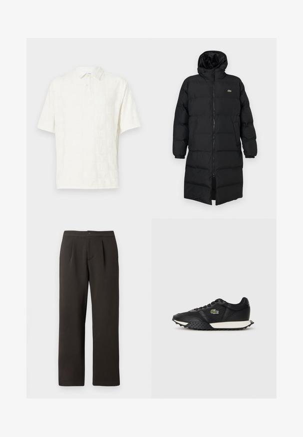 Svart dunjakke med hette, med hel glidelås, lange ermer og knelengde. Myk, quiltet tekstur med logodetalj.; Hvit kortermet polo skjorte med teksturerte mønstrede blokker overalt, med krage og knappestolpe for lukking.; Mørkebrune, rette bukser med flat front, to folder og knappelukking. Laget av et glatt stoff med en lett tekstur.; Sorte joggesko med en glatt lærfinish, som har en teksturert gummisåle, hvit mellomsåle og en grønn brodert logo på siden.