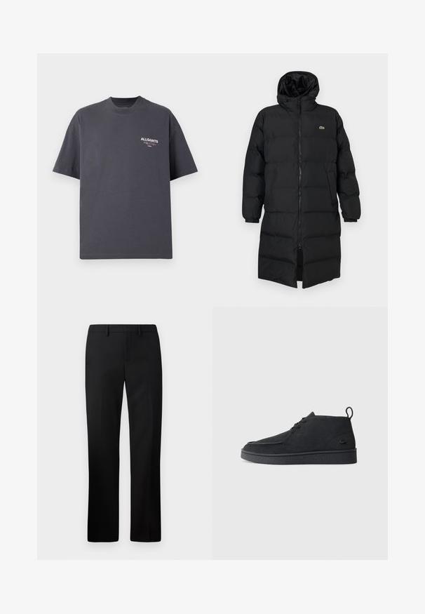 Must pufjakker, mille kapuutsiga, täispika tõmblukuga, pikkade varrukatega ja põlve pikkuses. Pehme, tikitud tekstuur, logodetailiga.; Tumehall puuvillane T-särk ümmarguse kaelusega, lühikeste varrukatega ja valge ning punase "All Saints" logoga rinnaümbruses. Lihtne disain.; Mustad püksid sirge säärega, valmistatud siledast kangast. Omadusteks on tasane esipind ja keskmise kõrgusega vööpais.; Must värvi sametist nööbitavad ankle-kingad tõmbluku ja tekstureeritud tallaga, millel on külgedel väike reljeefne krokodillilogo.