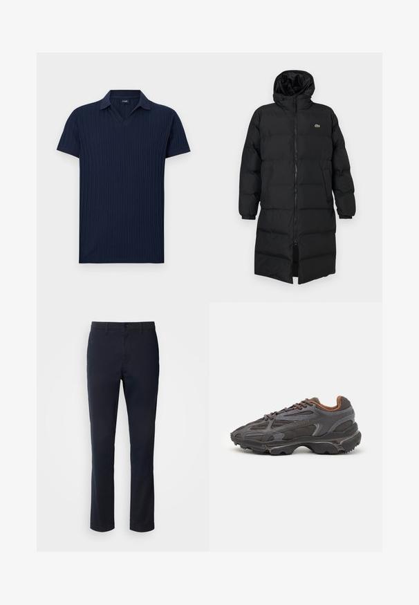 Juodas pūkinis paltas su kapišonu, su pilnu užtrauktuku, ilgomis rankovėmis ir iki kelių ilgio. Minkšta, siuvinėta tekstūra su logotipo detale.; Tamsiai mėlyna, raukšlėta polo marškinėliai su V formos kaklu, trumpomis rankovėmis ir lygiu paviršiumi. Be raštų ar papuošimų, solidžios spalvos.; Tamsiai mėlyni kelnių pagaminti iš lygaus audinio, turintys tiesaus kirpimo dizainą, diržo kilpas ir sagčių uždarymą su užtrauktuku.; Lacoste sportbačiai tamsiai pilki, pagaminti iš tinklinės ir sintetinių medžiagų, su tekstūruotu padu ir rudomis detalėmis ant apykaklės bei prekės ženklo.