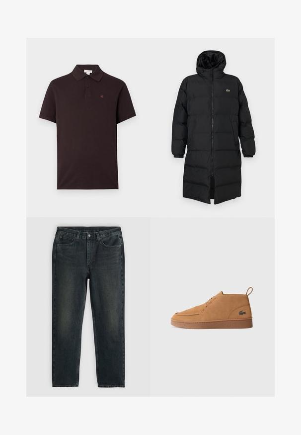 Abrigo acolchado negro con capucha, que presenta un cierre completo, mangas largas y un diseño hasta la rodilla. Textura suave y acolchada con detalle de logo.; Camiseta tipo polo negra de algodón con cuello clásico, dos botones y un pequeño logo rojo en el pecho. Mangas cortas, textura lisa.; Vaqueros de mezclilla azul oscuro con un corte recto, que cuentan con cinco bolsillos, una cremallera en la bragueta y costuras en contraste. Ligera decoloración en la tela.; Zapato de ante marrón con cordones, tobillo bajo y suela de goma, que presenta un tirador y el logotipo de cocodrilo en el lateral.