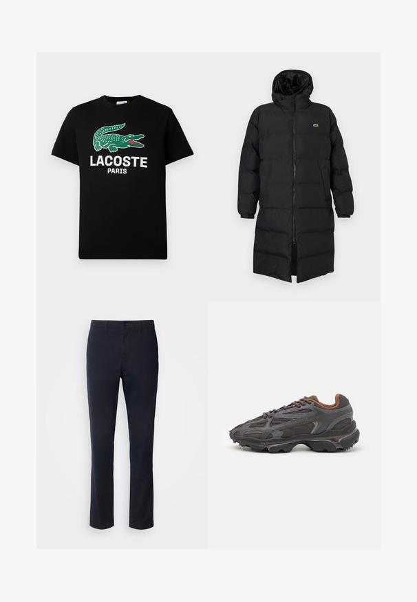 Svart dunjakke med hette, med hel glidelås, lange ermer og knelengde. Myk, quiltet tekstur med logodetalj.; Svart bomullst-skjorte med grønn krokodille-logo og "LACOSTE PARIS" tekst i hvitt. Korte ermer og klassisk rund hals.; Navy blå bukser laget av glatt stoff, med rett ben-design, beltehemper og knappelukking med glidelås.; Lacoste-sneakers i mørkegrått med mesh- og syntetisk materiale, med en teksturert såle og brune detaljer på kragen og merket.