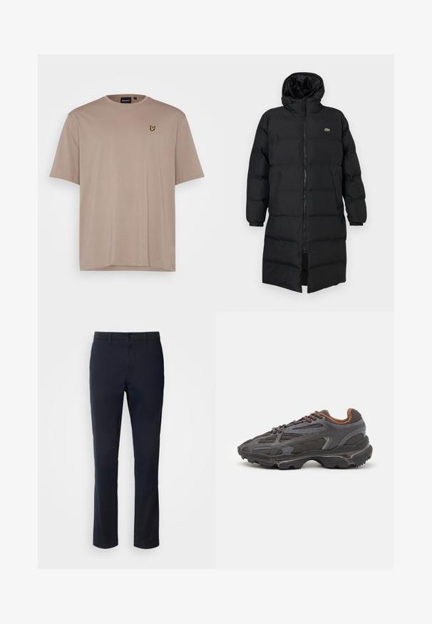 Svart dunjakke med hette, med hel glidelås, lange ermer og knelengde. Myk, quiltet tekstur med logodetalj.; Lyle & Scott PLAIN - T-shirts - heritage taupe; Navy blå bukser laget av glatt stoff, med rett ben-design, beltehemper og knappelukking med glidelås.; Lacoste-sneakers i mørkegrått med mesh- og syntetisk materiale, med en teksturert såle og brune detaljer på kragen og merket.