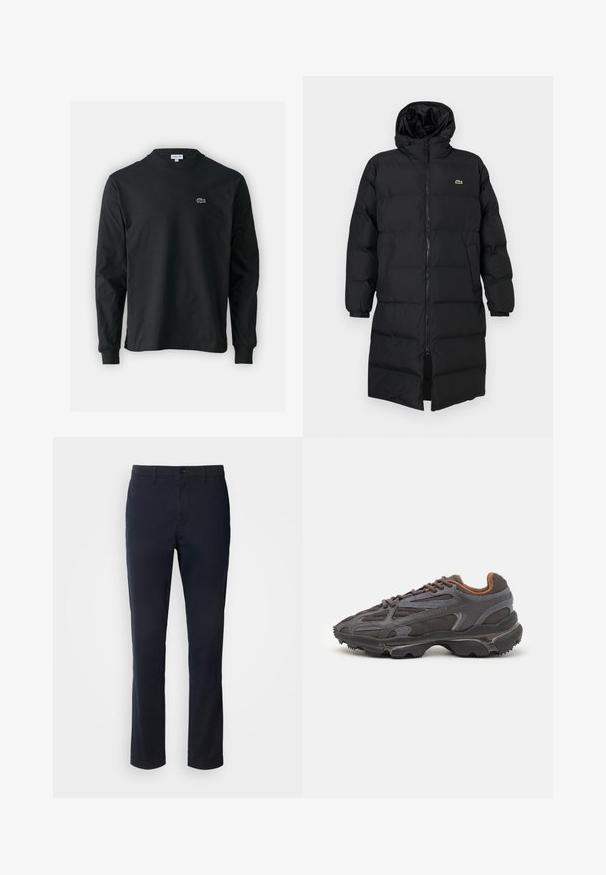 Fekete, kapucnis puffertakó, teljes cipzárral, hosszú ujjakkal és térd hosszig érő fazonnal. Puha, steppelt textúra logó részlettel.; Fekete hosszú ujjú pamut póló, kerek nyakkivágással, bal mellen egy kis zöld hímzett krokodil logóval.; Sötétkék nadrág sima anyagból, egyenes szárú kialakítással, övhurkokkal és gombos záródással, cipzáras kivitelben.; Sötét szürke Lacoste sportcipők hálós és szintetikus anyagból, textúrázott talppal és barna díszítésekkel a nyak részen és a logón.