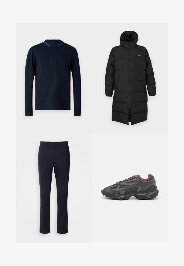 Fekete, kapucnis puffertakó, teljes cipzárral, hosszú ujjakkal és térd hosszig érő fazonnal. Puha, steppelt textúra logó részlettel.; Tengerészkék hosszú ujjú pólóing, pamutból készült, texturált gallérral, két gombbal és bordás mandzsettával. Egyszerű és klasszikus dizájn.; Sötétkék nadrág sima anyagból, egyenes szárú kialakítással, övhurkokkal és gombos záródással, cipzáras kivitelben.; Sötét szürke Lacoste sportcipők hálós és szintetikus anyagból, textúrázott talppal és barna díszítésekkel a nyak részen és a logón.