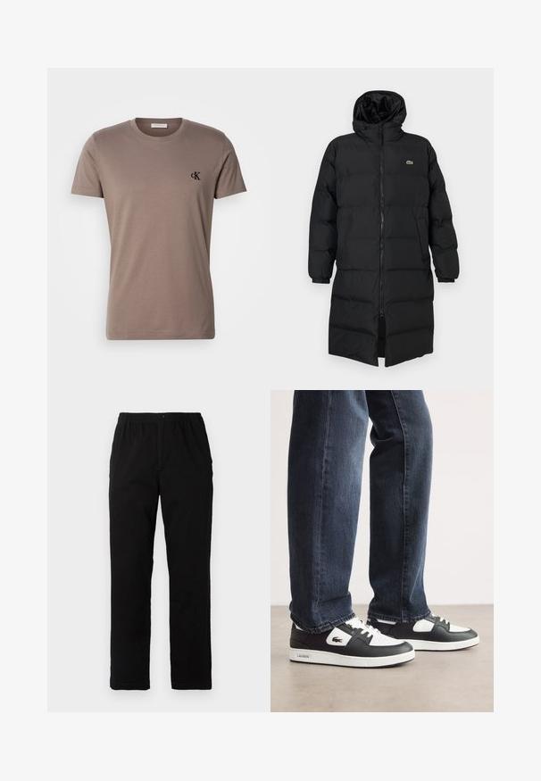 Μαύρο φουσκωτό παλτό με κουκούλα, διαθέτοντας πλήρες φερμουάρ, μακριά μανίκια και σχέδιο μέχρι το γόνατο. Μαλακή, υφασμάτινη υφή με λεπτομέρεια λογότυπου.; Ανοιχτό καφέ βαμβακερό t-shirt με στρογγυλή λαιμόκοψη, κοντά μανίκια και ένα μικρό μαύρο κεντημένο λογότυπο στο αριστερό στήθος. Μαλακή υφή.; Μαύρο παντελόνι από ύφασμα με βαμβακερό μίγμα, με ίσια γραμμή, ελαστική μέση με κουμπί και χωρίς ορατά σχέδια ή διακοσμητικά.; Μαύρα και άσπρα αθλητικά Lacoste με υφή δέρματος στην πάνω πλευρά, με σχέδιο που δένει με κορδόνια και άσπρη καουτσούκ σόλα. Φορεμένα με σκούρα τζιν.