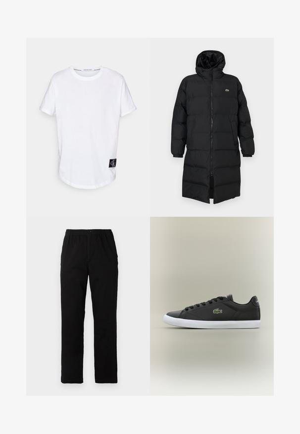 Geacă puffer neagră cu glugă, dotată cu fermoar complet, mâneci lungi și un design până la genunchi. Textură moale, matlasată, cu detalii ale logo-ului.; Tricou alb din bumbac, cu mâneci scurte răsucite, hem rotunjit și o etichetă logo neagră cu "CK" în colțul din stânga jos.; Pantaloni negri dintr-un material textil amestecat de bumbac, cu croială dreaptă, talie elastică cu nasture și fără modele sau accente vizibile.; Tenisi negri din piele cu talpă din cauciuc alb, având un logo verde de crocodil și șireturi rotunde, design elegant cu textură fină.