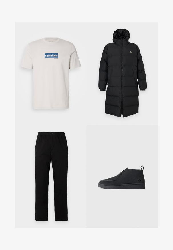 Čierna prešívaná bunda s kapucňou, vybavená plným zipsom, dlhými rukávmi a dĺžkou po kolená. Mäkká, prešívaná textúra s detailom loga.; Biela bavlnená tričko s modrým obdĺžnikovým logom, na ktorom je v bielom texte "calvin klein" a "new york city" na prednej strane. Klasický strih.; Čierne nohavice vyrobené z bavlnenej zmesi, so strihom rovného strihu, elastickým pásom s gombíkom a bez viditeľných vzorov alebo akcentov.; Čierne zamšové členkové topánky na šnurovanie s pútkom a štruktúrovanou podrážkou, s malým embosovaným logom krokodíla na boku.